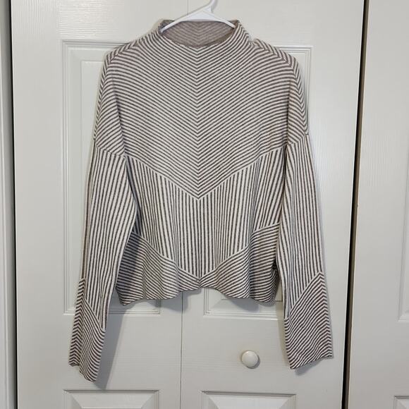 Cynthia Rowley Brown White Striped Funnel Neck Long Sleeve Sweater XL Viscose - Picture 1 of 9